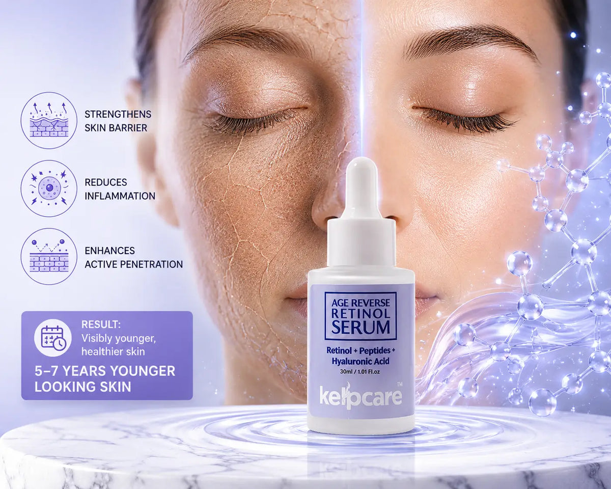 Before and after comparison showing dry, damaged skin transforming into smooth, hydrated skin with Kelpcare Age Reverse Retinol Serum featuring retinol, peptides, and hyaluronic acid for anti-aging and skin barrier repair.