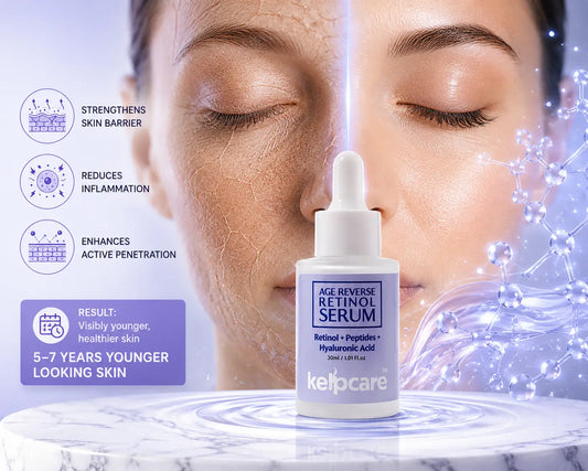 Before and after comparison showing dry, damaged skin transforming into smooth, hydrated skin with Kelpcare Age Reverse Retinol Serum featuring retinol, peptides, and hyaluronic acid for anti-aging and skin barrier repair.