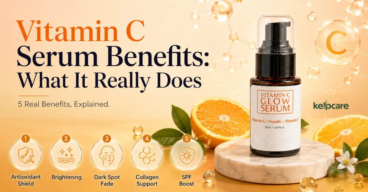 Kelpcare Vitamin C Glow Serum with oranges highlighting antioxidant protection, brightening, dark spot reduction, collagen support, and SPF benefits.
