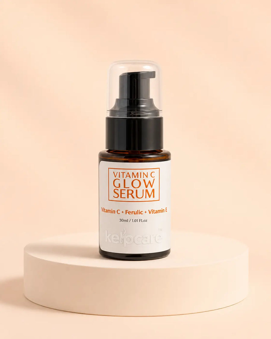 Kelpcare Vitamin C Glow Serum bottle with pump, front view